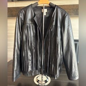 Chico's Black Faux Leather Fringe Jacket